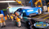 The featured image for our Car Factory Tycoon codes, featuring a few car mechanics working on a blue car in a car factory.