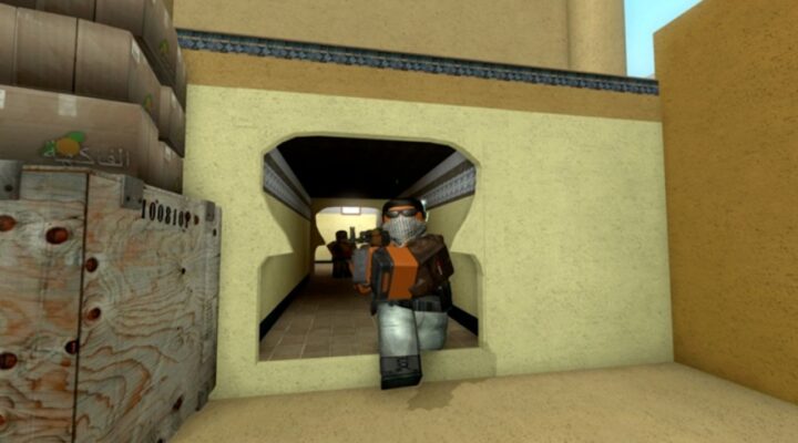 Feature image for our Counter Blox codes guide. It shows an armed Roblox character running through a small archway, carrying a gun.