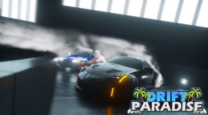 The featured image for our Drift Paradise codes guide, featuring two cars skirting around a dimly lit race track.