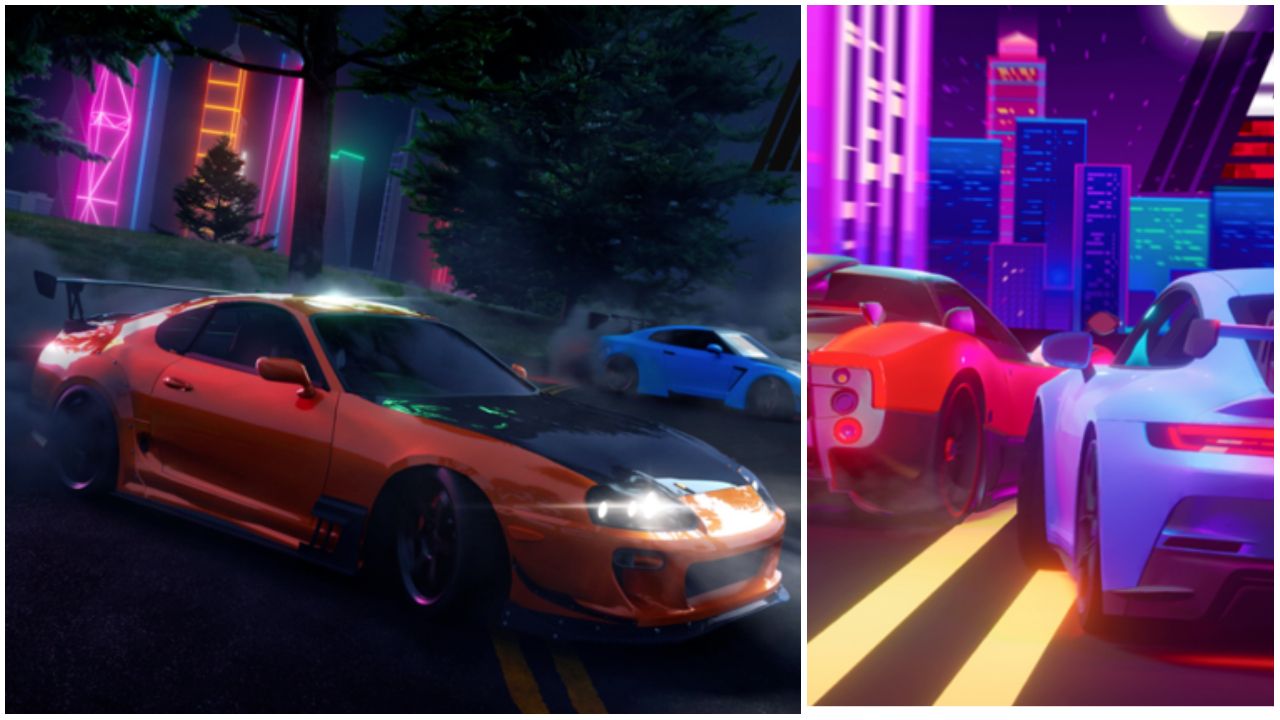 feature image for our driving empire codes guide, the image features cars in the city with neon lights in the background