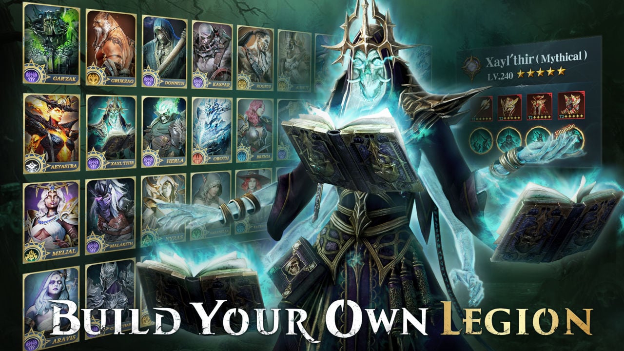 A bunch of Ever Legion character cards with an undead mage standing in front of them reading a book;