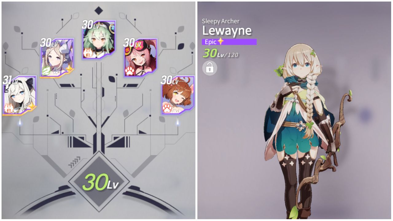 feature image for our eversoul level sync guide, the image features a screenshot of the level sync page in the game as well as a screenshot of the character lewayne