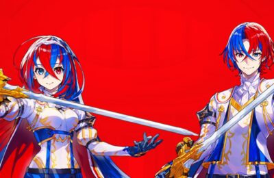The featured image for our Fire Emblem Engage fishing guide, featuring two characters from the game, a boy and a girl, facing the camera with swords drawn. A red background allows them to stand out in their white/blue attire.