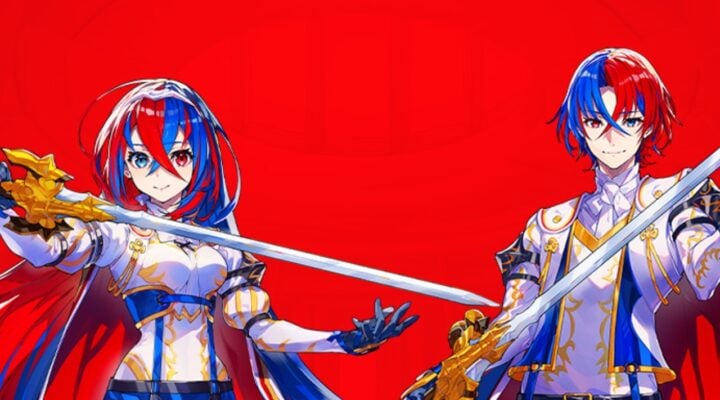 The featured image for our Fire Emblem Engage fishing guide, featuring two characters from the game, a boy and a girl, facing the camera with swords drawn. A red background allows them to stand out in their white/blue attire.