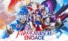 The featured image for our Fire Emblem Engage tier list, featuring a cast of characters from the game. There's a blue/red colour scheme, and the characters are perched above the clouds.