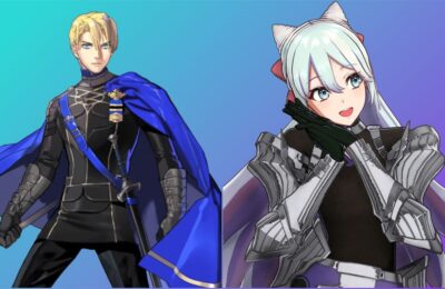 feature image for our fire emblem engage weapon proficiency guide, the image features promo art for the character dimitri as he holds his weapon, and rosado as she smiles