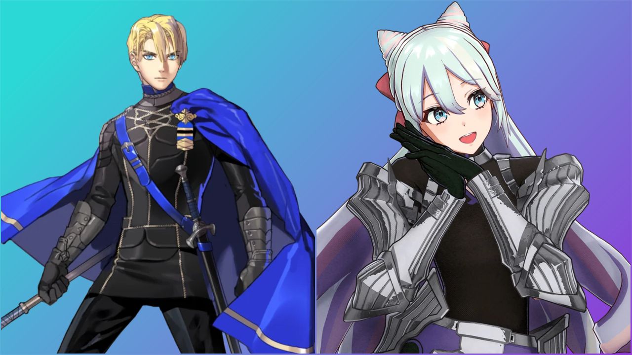 feature image for our fire emblem engage weapon proficiency guide, the image features promo art for the character dimitri as he holds his weapon, and rosado as she smiles