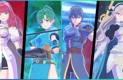 feature image for our fire emblem engage weapons list, the image features screenshots of the characters as they hold their weapons