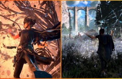 feature image for our forspoken guide, the image features 2 screenshots of frey taking part in battle