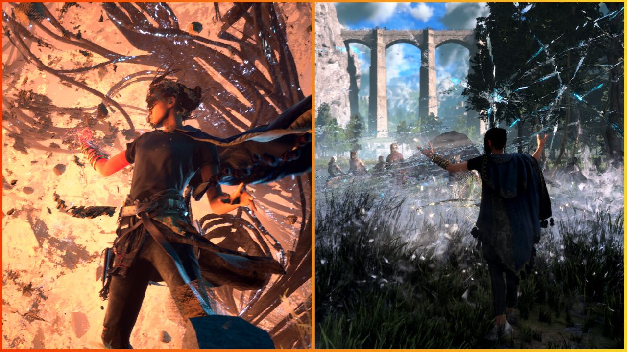 feature image for our forspoken guide, the image features 2 screenshots of frey taking part in battle