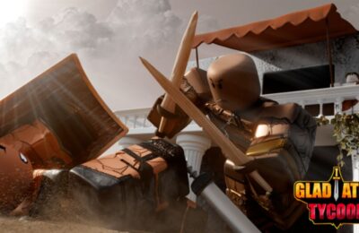 Feature image for our Gladiator Tycoon codes guide. It shows two Roblox characters dressed as gladiators fighting each other.