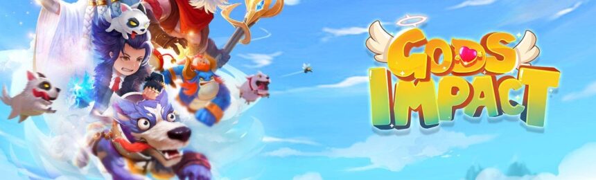 The featured image for our Gods Impact codes guide, featuring a roster of characters from the game flying in the clear blue sky above the clouds.