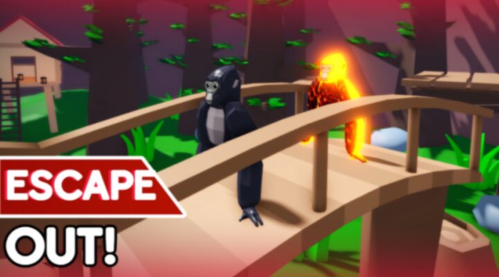 The featured image for our Gorilla Tag codes guide, featuring a gorilla moving across a wooden bridge in a jungle. Graphic text appears in the bottom left of the page, reading "Escape Out!"