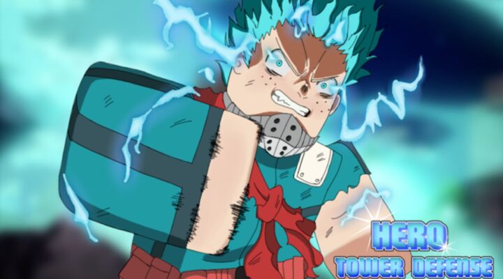 Feature image for our Hero Tower Defense codes guide. It shows a Roblox version of Deku from My Hero Academia, surrounded by electric sparks.