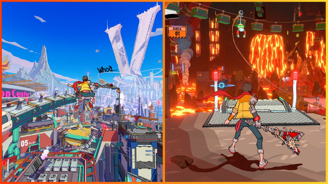 feature image for our hi-fi rush characters guide, the image features screenshots from the game of chai overlooking the world covered in lava and in the main city