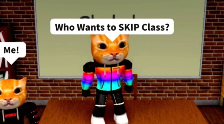 Feature image for our High School Life codes guide. It shows two student characters with colourful clothes and cat heads discussing skipping class.