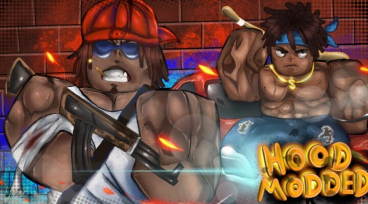 The featured image for our Hood Modded codes guide, featuring two muscular gangsters in tanktops pointing guns at the camera.