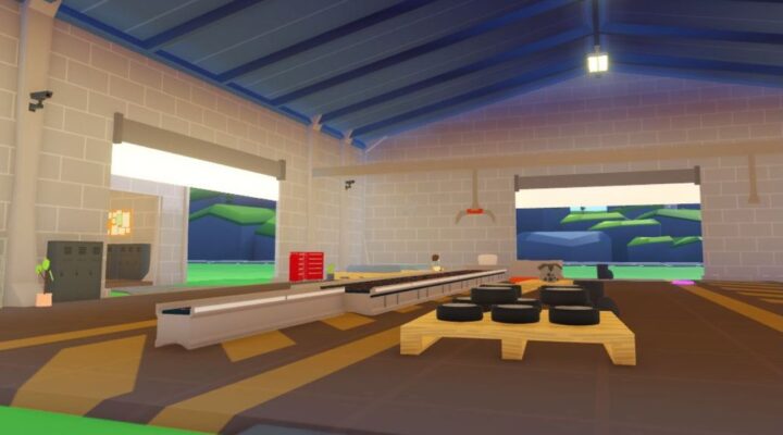 Feature image for our guide on how to get gems in car factory tycoon. It shows the inside of a car workshop.