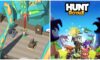 feature image for our hunt royale codes guide, the image features a screenshot of a battle from the game as well as promo art for the game with the games logo