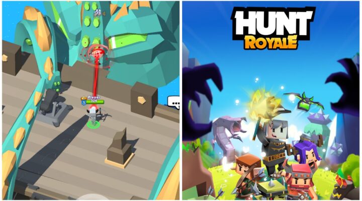 feature image for our hunt royale codes guide, the image features a screenshot of a battle from the game as well as promo art for the game with the games logo