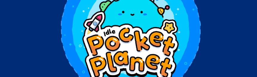 The featured image for our Idle Pocket Planet codes guide, featuring a big blue planet smiling. The planet has the game's logo infront of it, and it smiles at the camera.