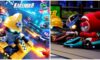 feature image for our kartrider drift characters guide, the image features promo photos for the game, including the characters in their karts as they race, and the game's logo