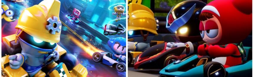 feature image for our kartrider drift characters guide, the image features promo photos for the game, including the characters in their karts as they race, and the game's logo
