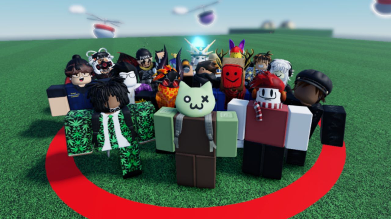 Feature image for our Last To Leave codes guide. It shows a group of Roblox characters stood inside a red circle.