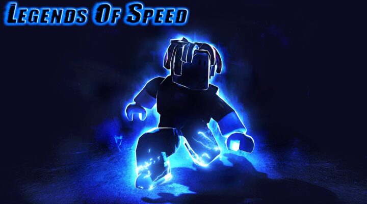 The featured image for our Legends of Speed codes guide, featuring a Roblox character who's emmitted only by a neon blue light coming from underneath them. Darkness shrouds them.