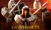 Feature image for our Lionhearts: Crusade codes guide. It shows three Roblox characters in medieval armor, with weapons.