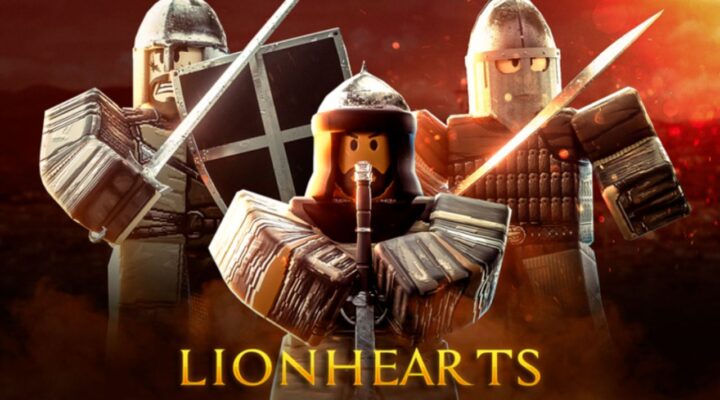 Feature image for our Lionhearts: Crusade codes guide. It shows three Roblox characters in medieval armor, with weapons.