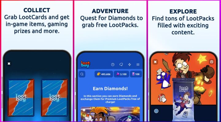 feature image for our lootboy codes guide, the image features 3 photos of mobile phones with screenshots of the lootboy app showcasing some of the features from the app such as quests and lootpacks