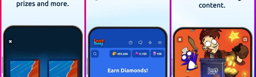 feature image for our lootboy codes guide, the image features 3 photos of mobile phones with screenshots of the lootboy app showcasing some of the features from the app such as quests and lootpacks