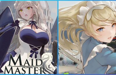 feature image for our maid master tier list, the image features promo art of two charaacters in maid outfits as well as the games logo