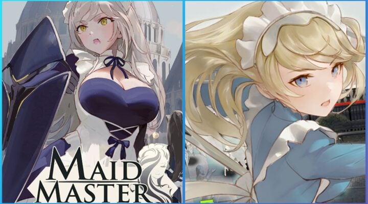 feature image for our maid master tier list, the image features promo art of two charaacters in maid outfits as well as the games logo