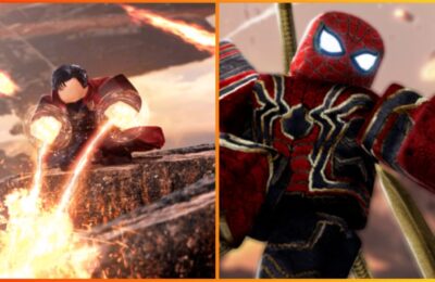 feature image for our marvel infinity codes guide, the image features roblox models of doctor strange and spider man as they take part in battle