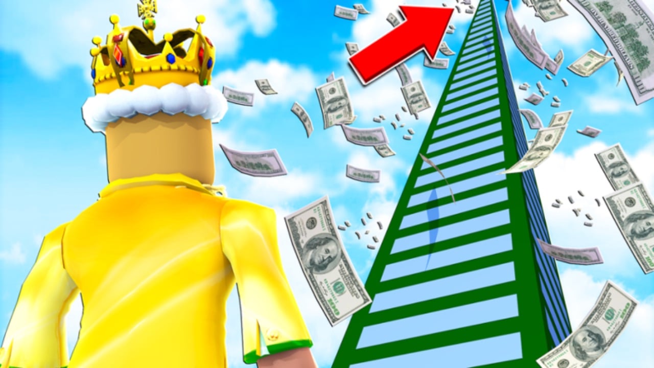 The featured image for our Millionaire Empire Tycoon codes guide, featuring a Roblox character in a golden suit looking up towards a ladder of money and wealth.