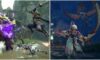 feature image for our monster hunter rise weapon tier list, the image features screenshots from the game of two characters taking part in battle against monsters