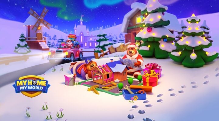 The featured image for our My Home My World free spins guide, featuring a snowy valley with two bears dressed in Santa costumes unwrapping presents.