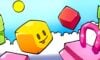 Feature image for our Obby But You're A Cube codes guide. It shows a cube with a smiley face jumping across an obstacle course.