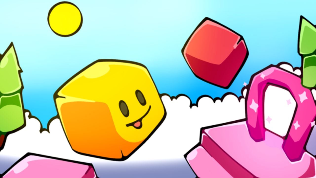 Feature image for our Obby But You're A Cube codes guide. It shows a cube with a smiley face jumping across an obstacle course.