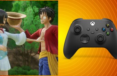 feature image for our one piece odyssey controller fix guide, the image features a photo of an xbox controller, as well as a screenshot from the game of two characters