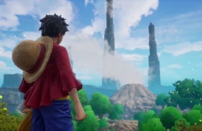 The featured image for our One Piece Odyssey Cubes guide, featuring the main character Luffy looking out at an expansive city.