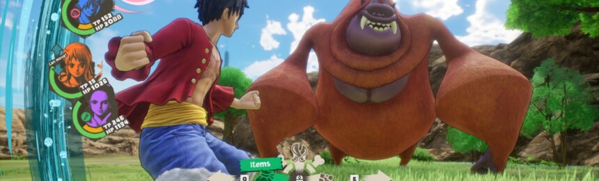 The featured image for our One Piece Odyssey Hard Mode guide, featuring the character Luffy fighting a giant monster boss battle.