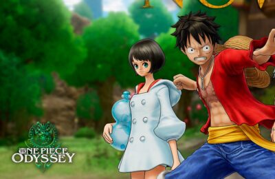 The featured image for our One Piece Odyssey More Important Than Berries guide, featuring two characters from the game facing towards the camera. They are standing in a forest. The boy on the right of the picture is wearing a red open shirt, and the girl in the middle of the picture wears a blue coat.