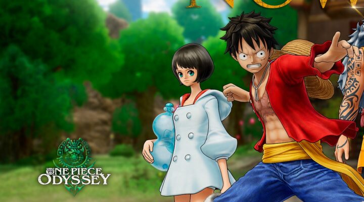 The featured image for our One Piece Odyssey More Important Than Berries guide, featuring two characters from the game facing towards the camera. They are standing in a forest. The boy on the right of the picture is wearing a red open shirt, and the girl in the middle of the picture wears a blue coat.