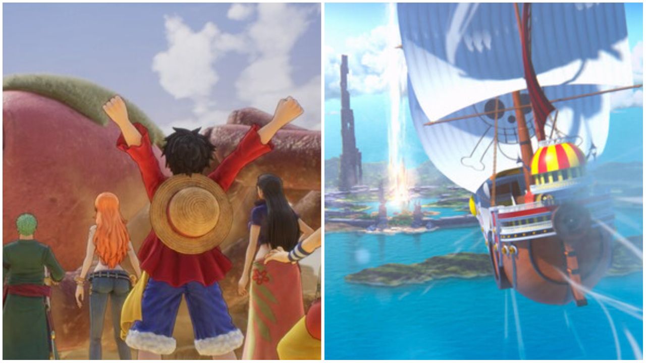 feature image for our one piece odyssey outfits guide, the image features a screenshot of the characters from the game and a promo image of the ship as it flies over the sea