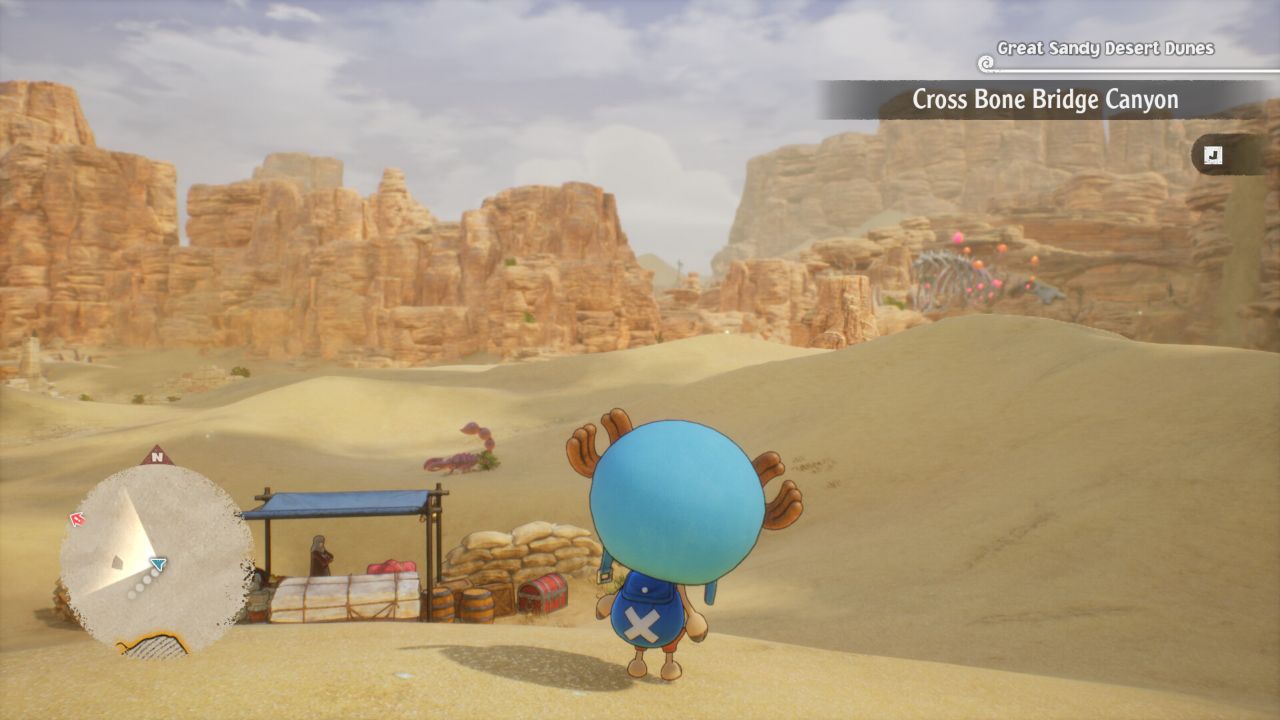 Feature image for our One Piece Odyssey quiz answers guide, showing a character stood in a desert area.