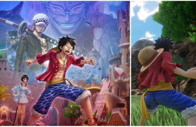 feature image for our one piece odyssey secrets guide, the image features promo art for the game with some of the characters, as well as a screenshot of luffy from the game