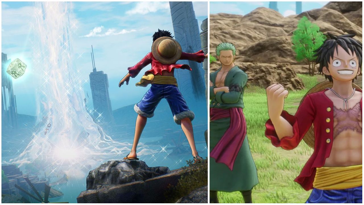 feature image for our one piece odyssey stats guide, the image features promo art for the game including luffy looking out over the water, and a screenshot of 2 characters from the game